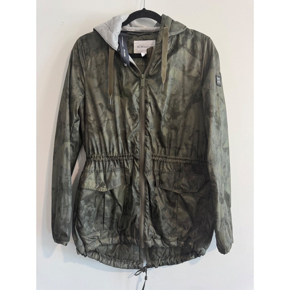 BCBGeneration Camo Hooded Anorak Jacket Womens‎ Size S Green Utility Drawstring